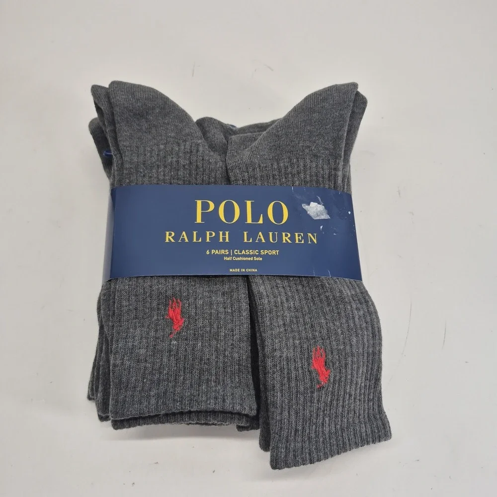 Polo Ralph Lauren 6 Pairs Classic Sport Socks Sock Size: 10-13 Gray/Red